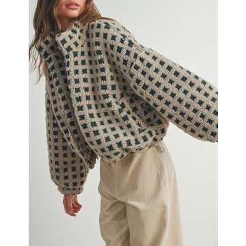 Esmeling Women’s Long Sleeve Cropped Sherpa Fleece Plaid Jacket Casual Chunky Teddy Fleece Outerwear (1024-Green-M)