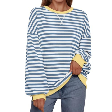 Trendy Queen Oversized Sweatshirt for Women 2024 Fall Crewneck Striped Long Sleeve Shirts Hoodies Pr...