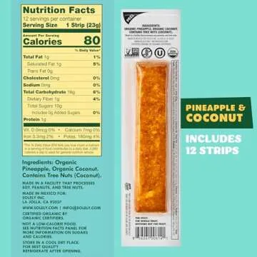 SOLELY - Organic Pineapple Coconut Fruit Jerky - 12 Individually Wrapped Fruit Strips - Fruit Leather Made from Dried Fruit - Healthy Snacks for Adults & Kids - Non GMO, Vegan Snacks - 0.8oz (23g)