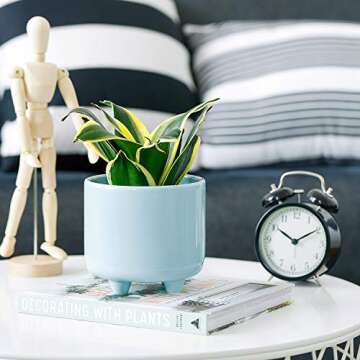 POTEY Plant Pot with Drainage Hole 051704 5.3 Inch Glazed Ceramic Modern Planters Indoor Bonsai Container for Plants Flower Aloe(Shiny Blue, Plants Not Included)