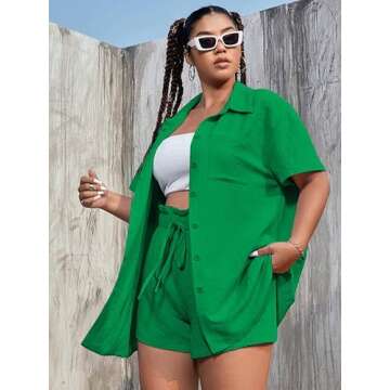 YYJN Womens Linen Cotton 2 Piece Outfits Button Down Half Sleeve Shirt&Summer High Waist Drawstring Shorts Set 02(Green,M)