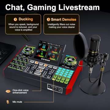 Podcast Microphone Bundle with Live Sound Card Audio Mixer, Podcast Equipment Bundle with 3.5mm Condenser Microphone for Pc/Phone Live Streaming Singing Gaming, Sound Board with Voice Changer, Denoise