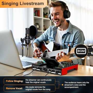 Podcast Microphone Bundle with Live Sound Card Audio Mixer, Podcast Equipment Bundle with 3.5mm Condenser Microphone for Pc/Phone Live Streaming Singing Gaming, Sound Board with Voice Changer, Denoise