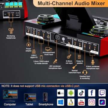 Podcast Microphone Bundle with Live Sound Card Audio Mixer, Podcast Equipment Bundle with 3.5mm Condenser Microphone for Pc/Phone Live Streaming Singing Gaming, Sound Board with Voice Changer, Denoise