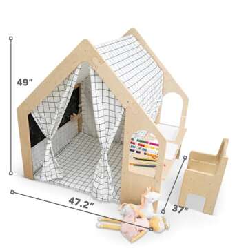 Avenlur Flair - 5 in 1 Indoor Playhouse with Desk Table, Chair, Chalkboard, Floor Cushion and Curtain Shades - Montessori and Waldorf Style for Ages 1 to 8 Years Old - (Large, Colorful Windowpane)