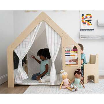 Avenlur Flair - 5 in 1 Indoor Playhouse with Desk Table, Chair, Chalkboard, Floor Cushion and Curtain Shades - Montessori and Waldorf Style for Ages 1 to 8 Years Old - (Large, Colorful Windowpane)