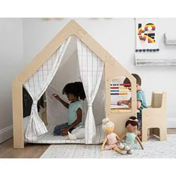 Avenlur Flair - 5 in 1 Indoor Playhouse with Desk Table, Chair, Chalkboard, Floor Cushion and Curtain Shades - Montessori and Waldorf Style for Ages 1 to 8 Years Old - (Large, Colorful Windowpane)