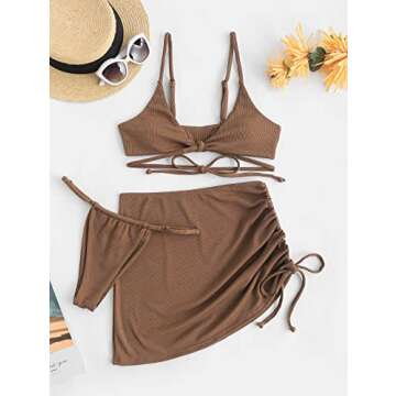 ZAFUL Women 3 Pieces Bikini with Cinched Cover-Up Skirt Ribbed Front Knot String Tanga Swimsuit (0-Coffee, M)