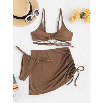 ZAFUL Women 3 Pieces Bikini with Cinched Cover-Up Skirt Ribbed Front Knot String Tanga Swimsuit (0-Coffee, M)