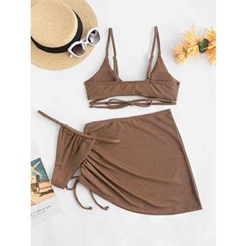 ZAFUL Women 3 Pieces Bikini with Cinched Cover-Up Skirt Ribbed Front Knot String Tanga Swimsuit (0-Coffee, M)