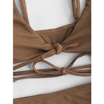 ZAFUL Women 3 Pieces Bikini with Cinched Cover-Up Skirt Ribbed Front Knot String Tanga Swimsuit (0-Coffee, M)
