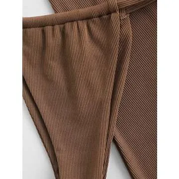 ZAFUL Women 3 Pieces Bikini with Cinched Cover-Up Skirt Ribbed Front Knot String Tanga Swimsuit (0-Coffee, M)