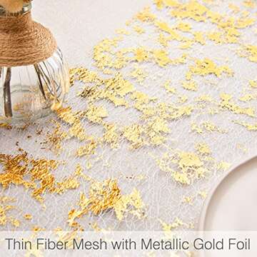 WELTRXE Metallic Gold Table Runner Roll 11 Inch x 49 Feet, Glitter Gold Foil Mesh Table Runner Decorative Dining Table Centerpiece for Party, Wedding, Baby Shower, Christmas, Event Decorations