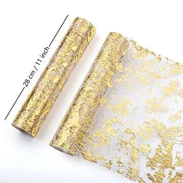 WELTRXE Metallic Gold Table Runner Roll 11 Inch x 49 Feet, Glitter Gold Foil Mesh Table Runner Decorative Dining Table Centerpiece for Party, Wedding, Baby Shower, Christmas, Event Decorations