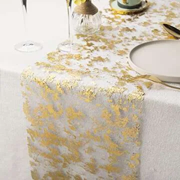 WELTRXE Metallic Gold Table Runner Roll 11 Inch x 49 Feet, Glitter Gold Foil Mesh Table Runner Decorative Dining Table Centerpiece for Party, Wedding, Baby Shower, Christmas, Event Decorations