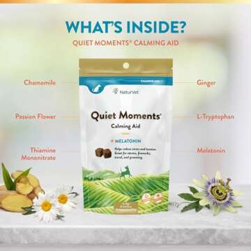 NaturVet Quiet Moments Calming Aid Dog Supplement – Helps Promote Relaxation, Reduce Stress, Storm Anxiety, Motion Sickness for Dogs – Tasty Pet Soft Chews with Melatonin – 65 Ct.