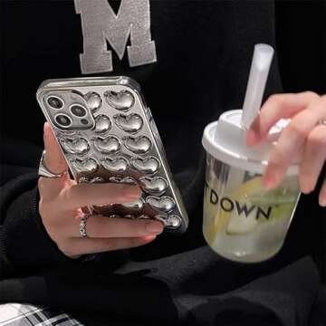 Compatible with iPhone 14 Pro Max case Chrome Silver Heart Shiny and Stylish Premium Three-Dimensional Love Heart Creative Phone case Soft TPU Anti-Shock Suitable for Women and Girls 6.7 inches