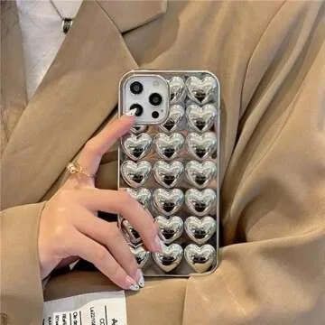 Compatible with iPhone 14 Pro Max case Chrome Silver Heart Shiny and Stylish Premium Three-Dimensional Love Heart Creative Phone case Soft TPU Anti-Shock Suitable for Women and Girls 6.7 inches