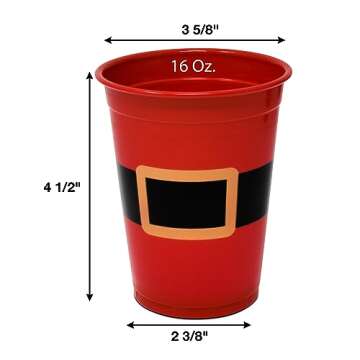 Gift Boutique 50 Pack Disposable Plastic Christmas Cups 16 oz. Red & Black Santa Belt Design Drinkin...