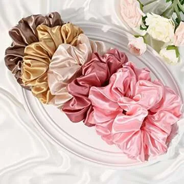 CEELGON Large Silk Satin Scrunchies for Women Big Scrunchies Jumbo Satin Hair Ties Oversized Hair Scrunchies for Thick Curly Hair Pack of 6 (Pink,Champagne,Ivory,Gold)