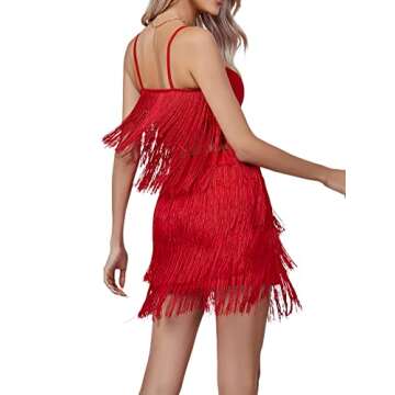 LYANER Women's Sexy Two Piece Outfit Fringe Sleeveless Cami and Short Skirt Sets Red# Medium