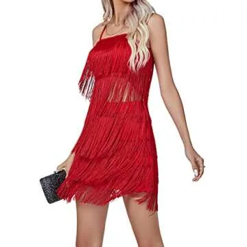 LYANER Women's Sexy Two Piece Outfit Fringe Sleeveless Cami and Short Skirt Sets Red# Medium