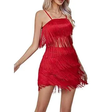 LYANER Women's Sexy Two Piece Outfit Fringe Sleeveless Cami and Short Skirt Sets Red# Medium
