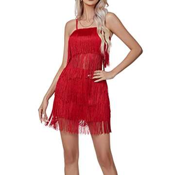 LYANER Women's Sexy Two Piece Outfit Fringe Sleeveless Cami and Short Skirt Sets Red# Medium