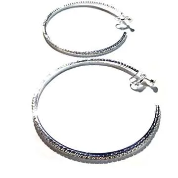 Clip-on Earrings Silver Tone Crystal Rhinestone Large Hoop Earrings 3 inch Hoop Earrings