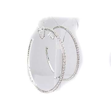 Clip-on Earrings Silver Tone Crystal Rhinestone Large Hoop Earrings 3 inch Hoop Earrings