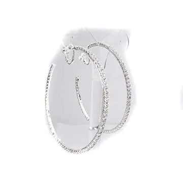 Clip-on Earrings Silver Tone Crystal Rhinestone Large Hoop Earrings 3 inch Hoop Earrings