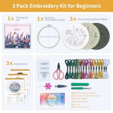 ETSPIL 3 Pack Beginner Embroidery Kits for Adults – DIY Starter Set with Stamped Flower Designs, E...