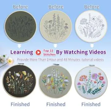 ETSPIL 3 Pack Beginner Embroidery Kits for Adults – DIY Starter Set with Stamped Flower Designs, Embroidery Hoop, Colorful Threads, Tools, Step by Step Instructions & Video Tutorial