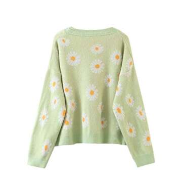Women's Y2K Floral Smile Face V Neck Long Sleeve Cardigan Sweater Open Front Button 90s Outerwear (One Size, Light Green Daisy)