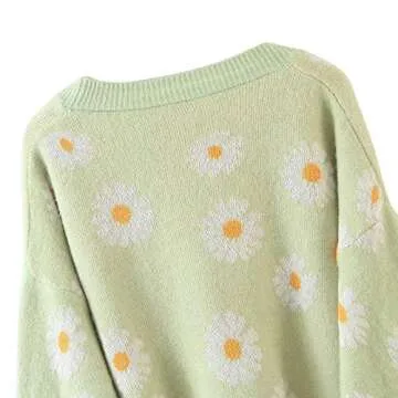 Women's Y2K Floral Smile Face V Neck Long Sleeve Cardigan Sweater Open Front Button 90s Outerwear (One Size, Light Green Daisy)