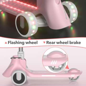 Kick Scooter for Kids Ages 3, Anti-Slip Deck, 4Adjustable Height Handlebars, Flashing LED Lights&Music and Widen Wheel, Toddler Scooter (Pink), 220lbs