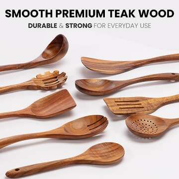 Zulay Kitchen 9-Piece Teak Wooden Utensils for Cooking - Smooth Finish Natural Teak Utensil Set - No...