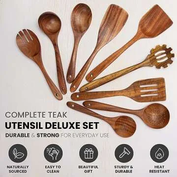 Zulay Kitchen Teak Wood Utensil Set - Non-Stick 9-Piece Set