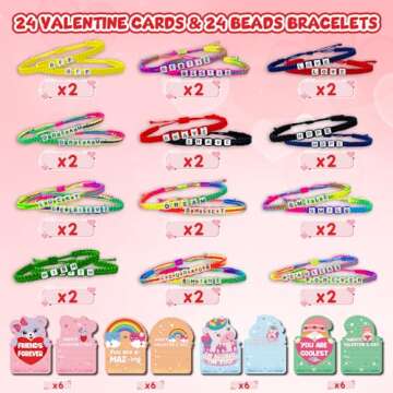 24Pack Kids Valentines Day Cards, Valentine Cards with Bead Bracelets, Valentines Day Gifts for Kids...