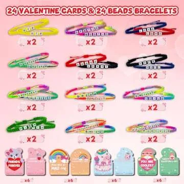 24Pack Kids Valentines Day Cards, Valentine Cards with Bead Bracelets, Valentines Day Gifts for Kids...