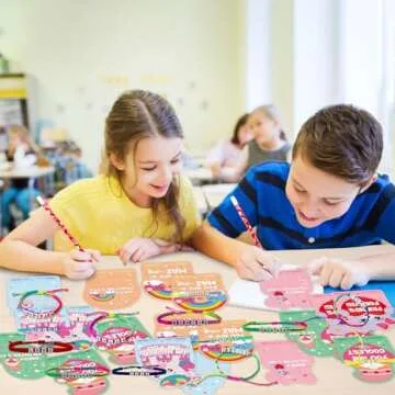 24Pack Kids Valentines Day Cards, Valentine Cards with Bead Bracelets, Valentines Day Gifts for Kids Classroom Prizes, Valentine School Exchange Gifts, Valentine’s Day Class Favors, Friendship Cards