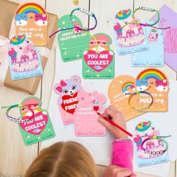 24Pack Kids Valentines Day Cards, Valentine Cards with Bead Bracelets, Valentines Day Gifts for Kids Classroom Prizes, Valentine School Exchange Gifts, Valentine’s Day Class Favors, Friendship Cards