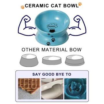 Y YHY Elevated Cat Food Bowl, Ceramic Raised Bowl, Tilt Angle Protects Cat's Spine, Anti Vomiting Dish, Backflow Prevention, Lake Blue
