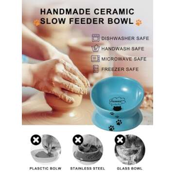 Y YHY Elevated Cat Food Bowl, Ceramic Raised Bowl, Tilt Angle Protects Cat's Spine, Anti Vomiting Dish, Backflow Prevention, Lake Blue