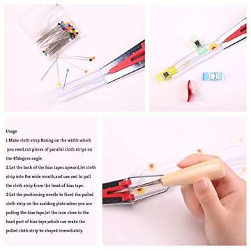 BUTUZE Fabric Bias Tape Makers Kit with Sewing Awl, Positioning Pin, Adjustable Binder Clip,Wooden Awl,Foot Press -Practical Bias Tape Maker Set for Sewing/Quilting