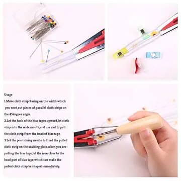 BUTUZE Fabric Bias Tape Makers Kit with Sewing Awl, Positioning Pin, Adjustable Binder Clip,Wooden Awl,Foot Press -Practical Bias Tape Maker Set for Sewing/Quilting