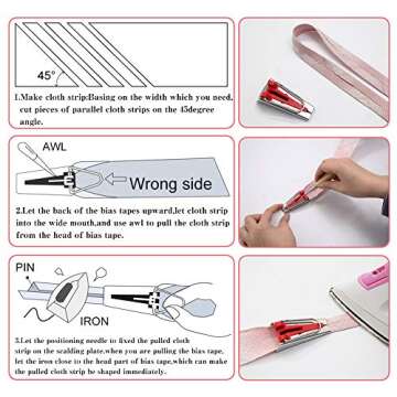 BUTUZE Fabric Bias Tape Makers Kit with Sewing Awl, Positioning Pin, Adjustable Binder Clip,Wooden Awl,Foot Press -Practical Bias Tape Maker Set for Sewing/Quilting