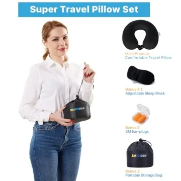SAIREIDER 100% Memory Foam Travel Neck Pillow with Storage Bag
