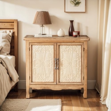 RoyalCraft Farmhouse Storage Cabinet with Flower Pattern, Solid Wood Frame Accent Sideboard Buffet w...