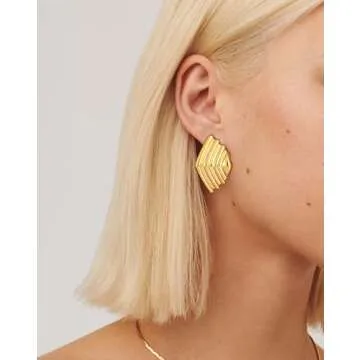 14K Gold Plated Big Stud Earrings for Women/Chunky Statement Striped Earrings/Casual Vintage Drop St...